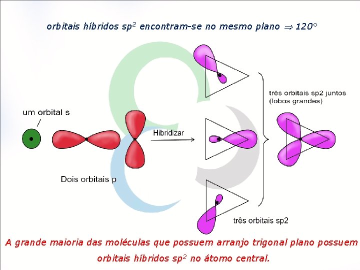 orbitais híbridos sp 2 encontram-se no mesmo plano 120° A grande maioria das moléculas