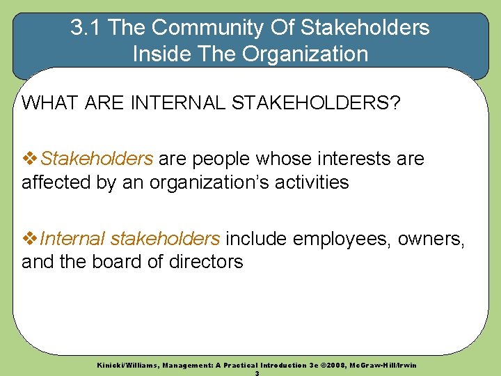 3. 1 The Community Of Stakeholders Inside The Organization WHAT ARE INTERNAL STAKEHOLDERS? v.