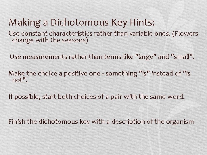 Making a Dichotomous Key Hints: Use constant characteristics rather than variable ones. (Flowers change