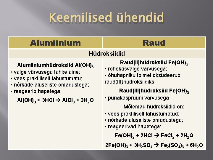 Keemilised ühendid Alumiinium Raud Hüdroksiidid Alumiiniumhüdroksiid Al(OH)3 • valge värvusega tahke aine; • vees Keemilised ühendid Alumiinium Raud Hüdroksiidid Alumiiniumhüdroksiid Al(OH)3 • valge värvusega tahke aine; • vees