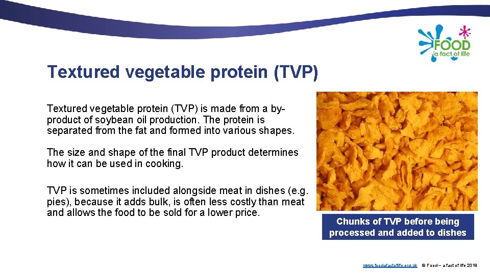 Textured vegetable protein (TVP) is made from a byproduct of soybean oil production. The