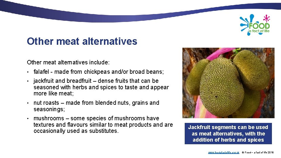 Other meat alternatives include: • falafel - made from chickpeas and/or broad beans; •