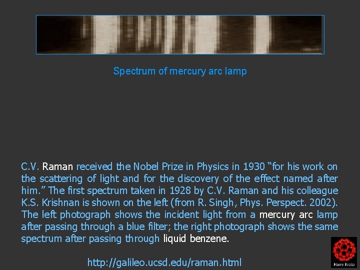 Spectrum of mercury arc lamp C. V. Raman received the Nobel Prize in Physics