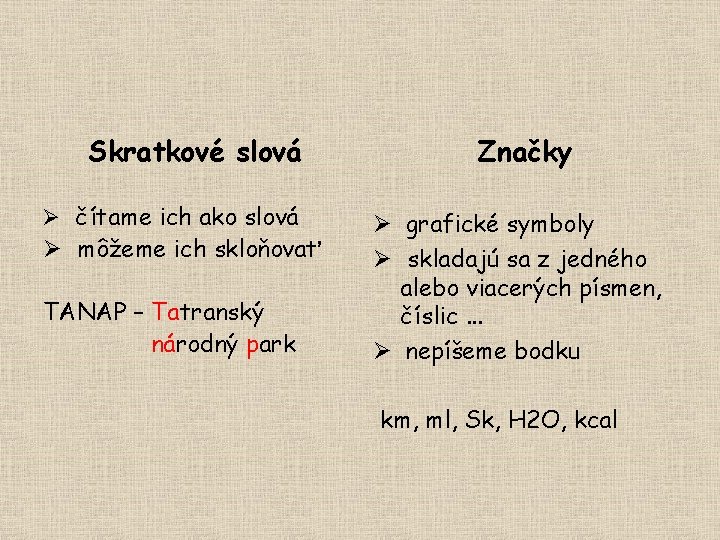 Skratkové slová Ø čítame ich ako slová Ø môžeme ich skloňovať TANAP – Tatranský