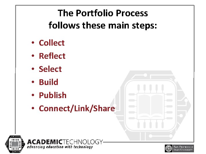 The Portfolio Process follows these main steps: • • • Collect Reflect Select Build