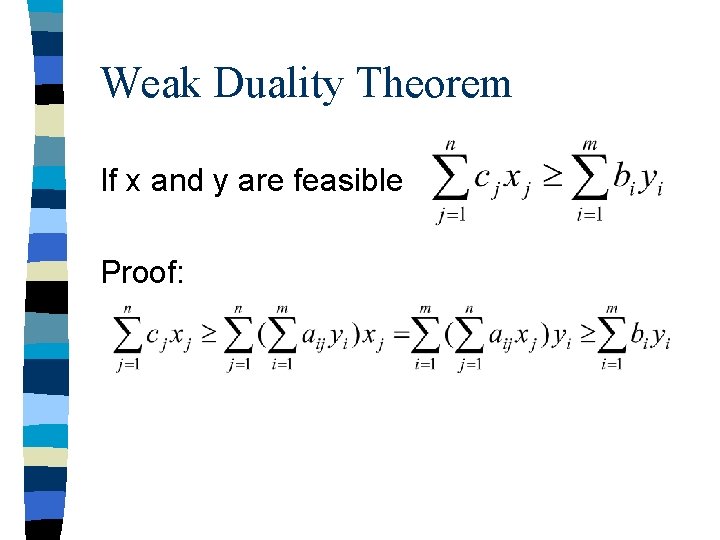 Weak Duality Theorem If x and y are feasible Proof: Weak Duality Theorem If x and y are feasible Proof: