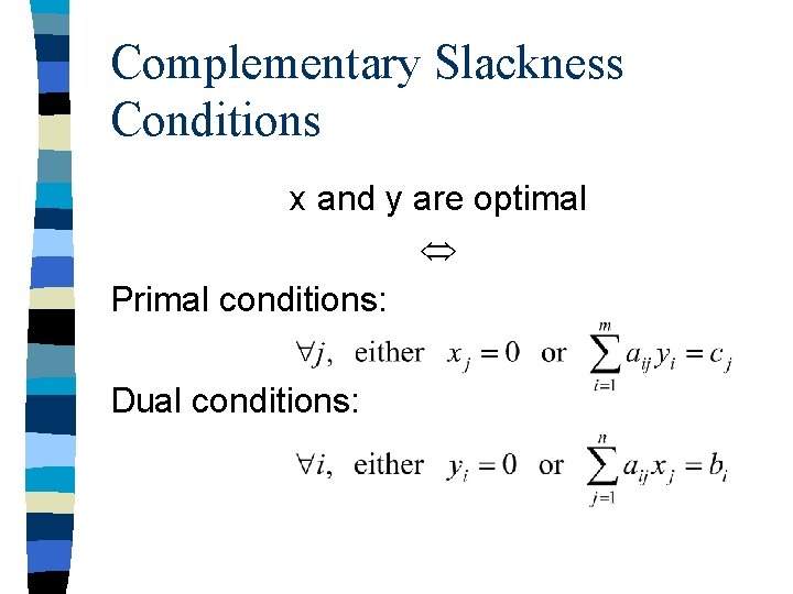 Complementary Slackness Conditions x and y are optimal Primal conditions: Dual conditions: Complementary Slackness Conditions x and y are optimal Primal conditions: Dual conditions: