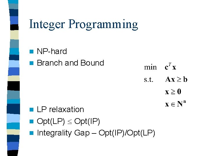Integer Programming NP-hard n Branch and Bound n LP relaxation n Opt(LP) Opt(IP) n Integer Programming NP-hard n Branch and Bound n LP relaxation n Opt(LP) Opt(IP) n