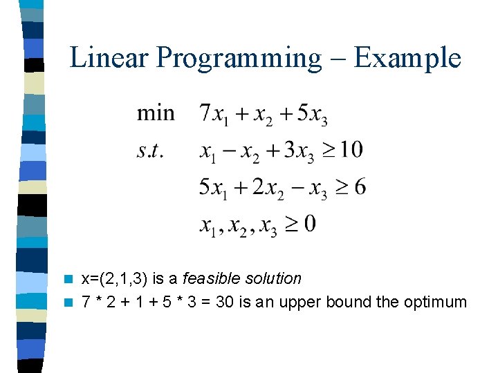 Linear Programming – Example x=(2, 1, 3) is a feasible solution n 7 * Linear Programming – Example x=(2, 1, 3) is a feasible solution n 7 *
