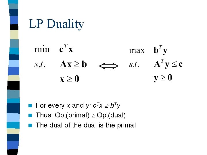 LP Duality For every x and y: c. Tx b. Ty n Thus, Opt(primal) LP Duality For every x and y: c. Tx b. Ty n Thus, Opt(primal)