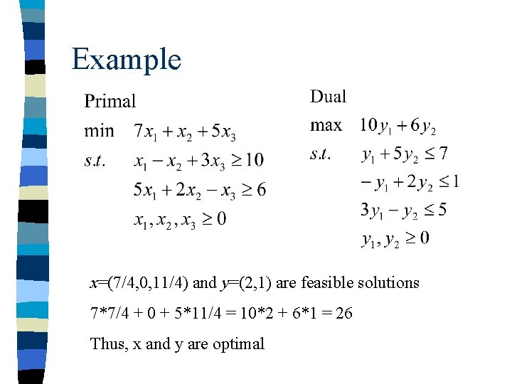 Example x=(7/4, 0, 11/4) and y=(2, 1) are feasible solutions 7*7/4 + 0 + Example x=(7/4, 0, 11/4) and y=(2, 1) are feasible solutions 7*7/4 + 0 +