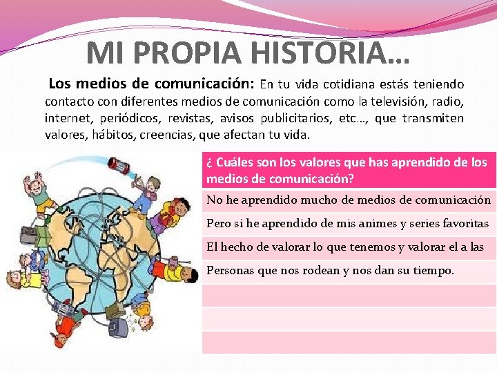 MI PROPIA HISTORIA… Los medios de comunicación: En tu vida cotidiana estás teniendo contacto