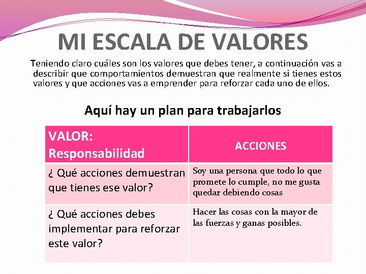 MI ESCALA DE VALORES Teniendo claro cuáles son los valores que debes tener, a