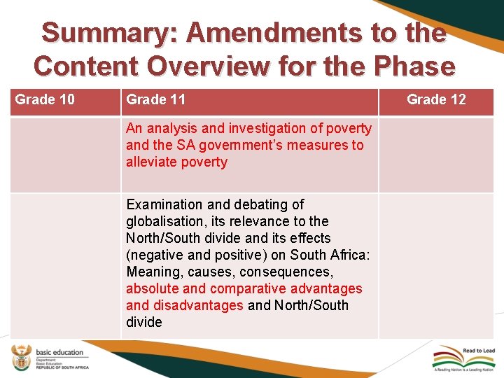 Summary: Amendments to the Content Overview for the Phase Grade 10 Grade 11 An