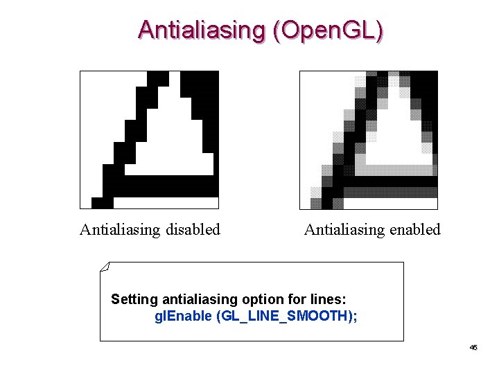 Antialiasing (Open. GL) Antialiasing disabled Antialiasing enabled Setting antialiasing option for lines: gl. Enable