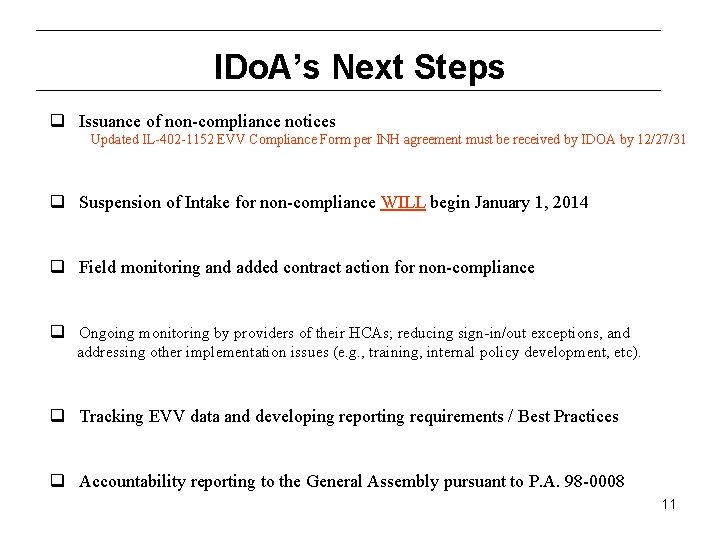 IDo. A’s Next Steps q Issuance of non-compliance notices Updated IL-402 -1152 EVV Compliance