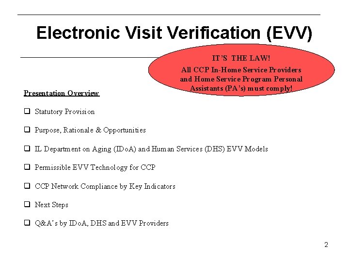 Electronic Visit Verification (EVV) IT’S THE LAW! All CCP In-Home Service Providers and Home