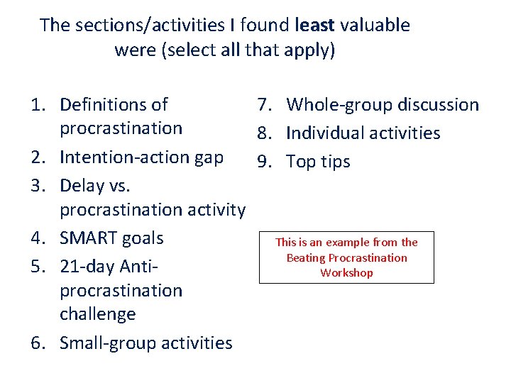 The sections/activities I found least valuable were (select all that apply) 1. Definitions of