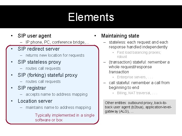 Elements • SIP user agent • Maintaining state – IP phone, PC, conference bridge,