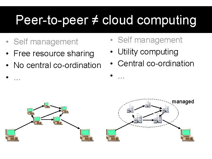 Peer-to-peer ≠ cloud computing • • Self management Free resource sharing No central co-ordination