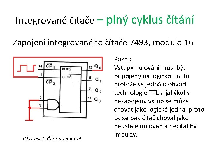 Integrované čítače – plný cyklus čítání Zapojení integrovaného čítače 7493, modulo 16 Obrázek 1: