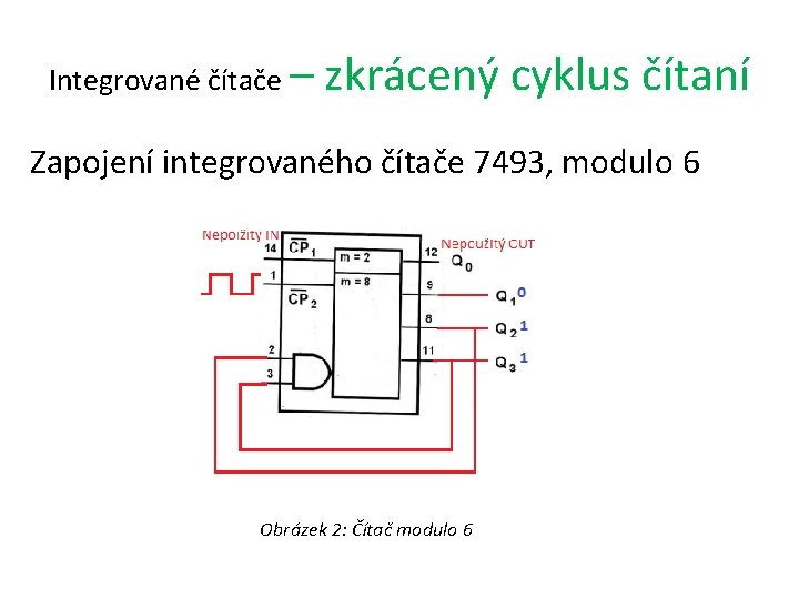 Integrované čítače – zkrácený cyklus čítaní Zapojení integrovaného čítače 7493, modulo 6 Obrázek 2: