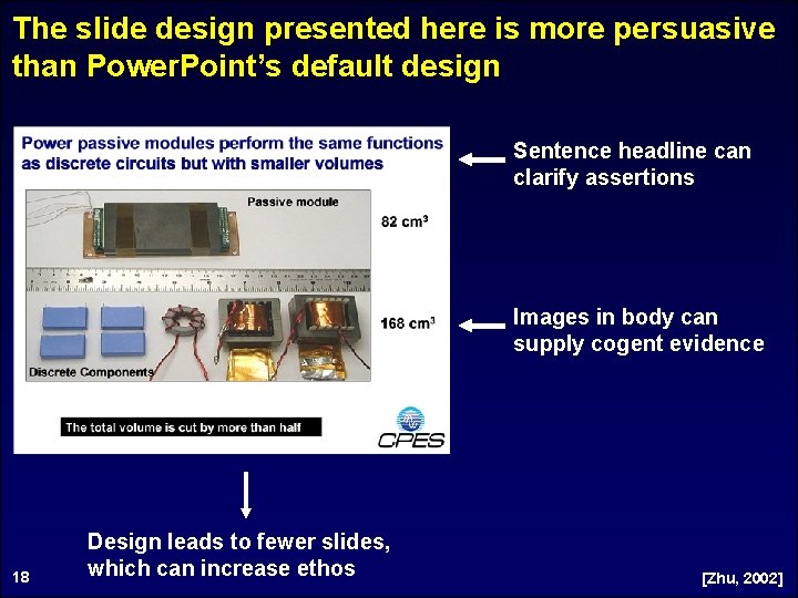 The slide design presented here is more persuasive than Power. Point’s default design Sentence
