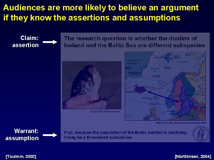 Audiences are more likely to believe an argument if they know the assertions and