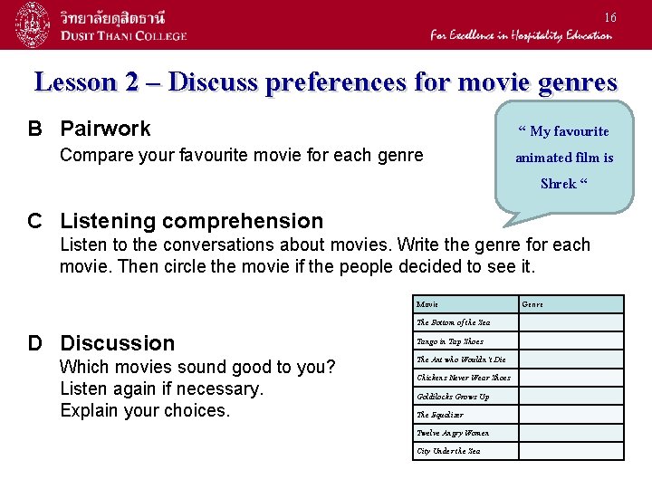 16 Lesson 2 – Discuss preferences for movie genres B Pairwork Compare your favourite