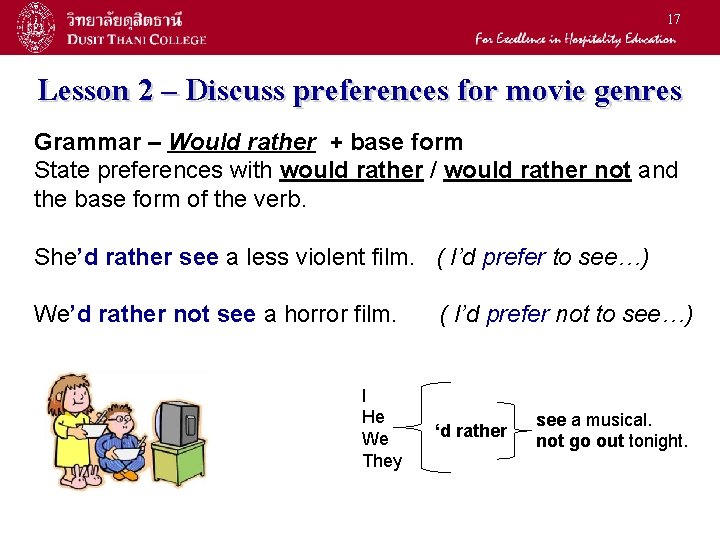 17 Lesson 2 – Discuss preferences for movie genres Grammar – Would rather +