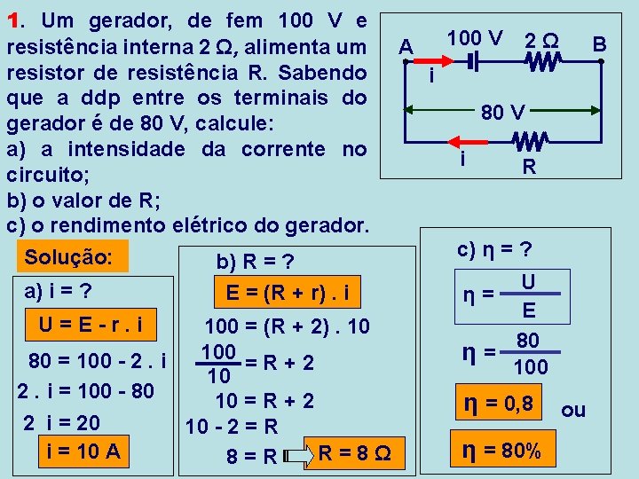 1. Um gerador, de fem 100 V e resistência interna 2 Ω, alimenta um