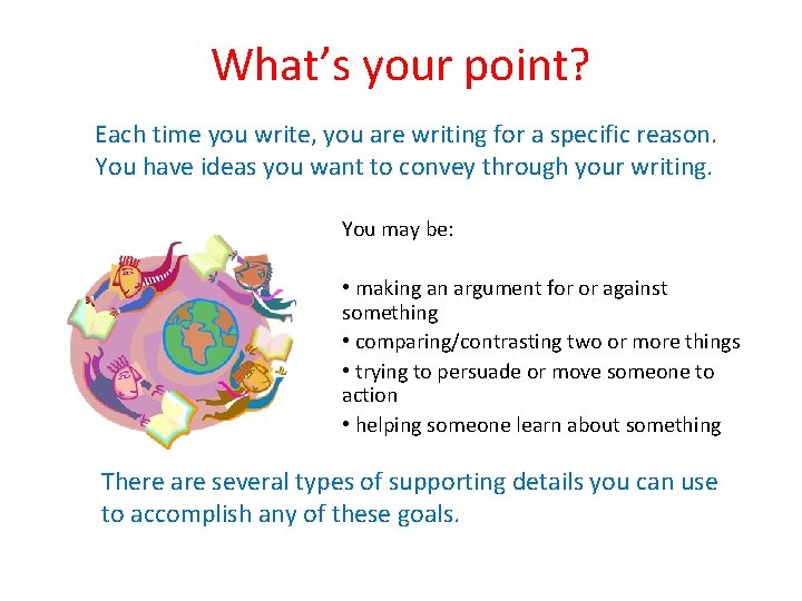 What’s your point? Each time you write, you are writing for a specific reason.