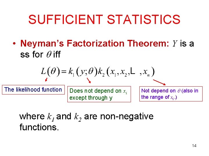 SUFFICIENT STATISTICS • Neyman’s Factorization Theorem: Y is a ss for iff The likelihood