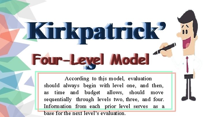 Kirkpatrick’ Four-Level Model ss According to this. model, evaluation should always begin with level