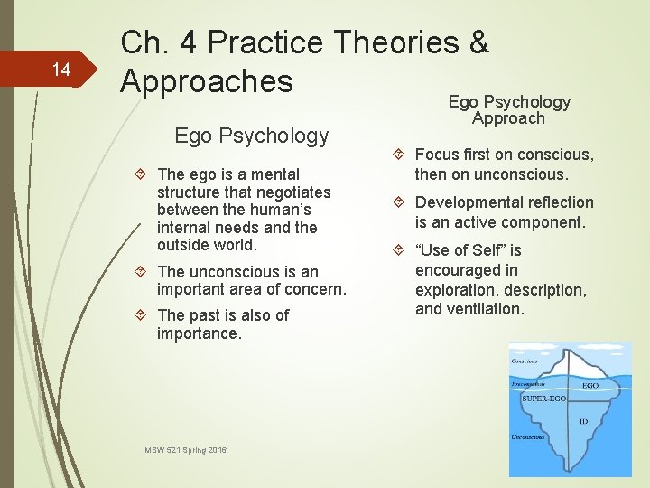 14 Ch. 4 Practice Theories & Approaches Ego Psychology The ego is a mental