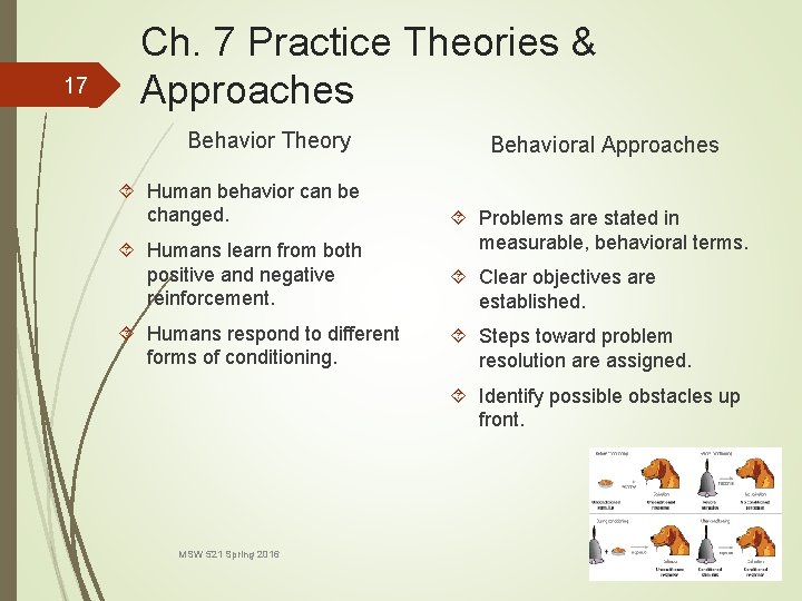 17 Ch. 7 Practice Theories & Approaches Behavior Theory Human behavior can be changed.