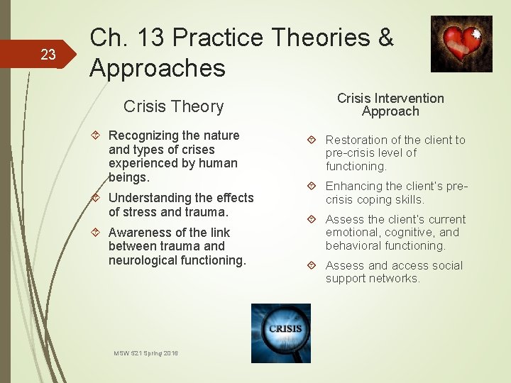 23 Ch. 13 Practice Theories & Approaches Crisis Theory Recognizing the nature and types