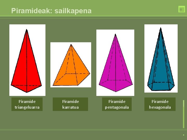 Piramideak: sailkapena Piramide triangeluarra Piramide karratua Piramide pentagonala Piramide hexagonala Piramideak: sailkapena Piramide triangeluarra Piramide karratua Piramide pentagonala Piramide hexagonala