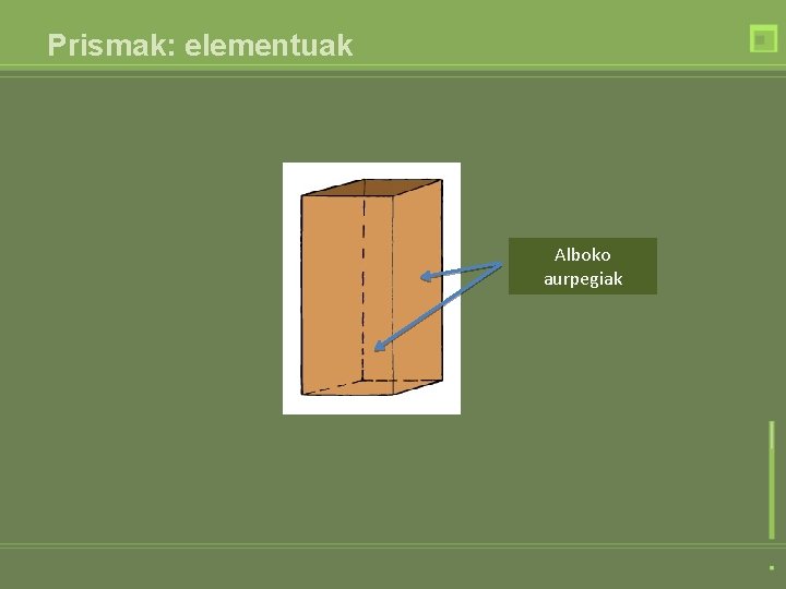 Prismak: elementuak Alboko aurpegiak Prismak: elementuak Alboko aurpegiak