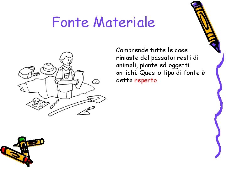 Fonte Materiale Comprende tutte le cose rimaste del passato: resti di animali, piante ed