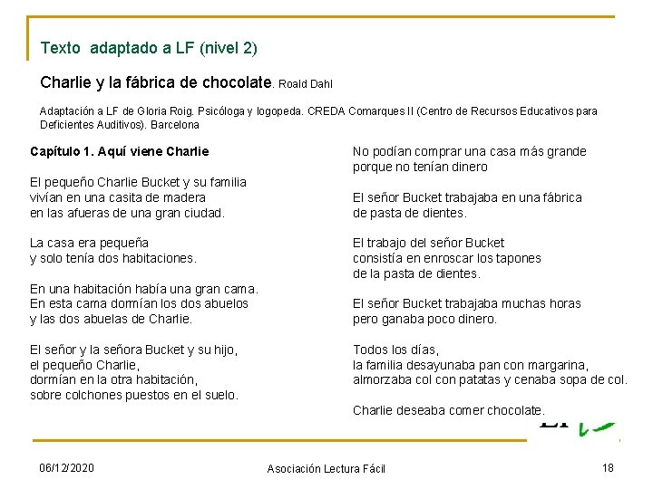 Texto adaptado a LF (nivel 2) Charlie y la fábrica de chocolate. Roald Dahl