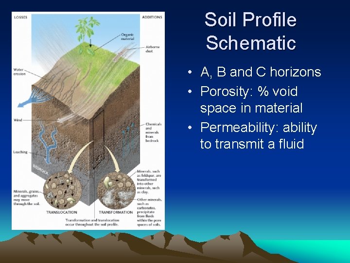 Soil Profile Schematic • A, B and C horizons • Porosity: % void space Soil Profile Schematic • A, B and C horizons • Porosity: % void space