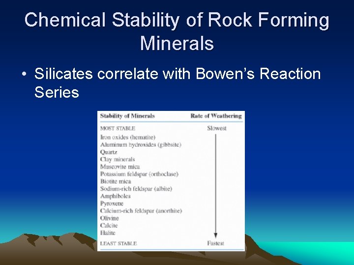 Chemical Stability of Rock Forming Minerals • Silicates correlate with Bowen’s Reaction Series 