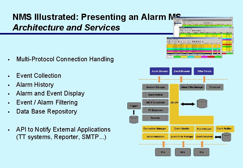NMS Illustrated: Presenting an Alarm MS Architecture and Services § Multi-Protocol Connection Handling §