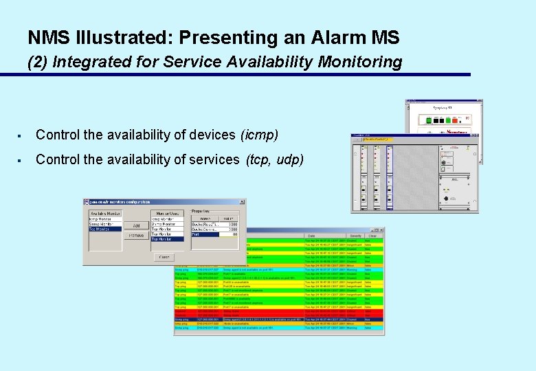 NMS Illustrated: Presenting an Alarm MS (2) Integrated for Service Availability Monitoring § Control