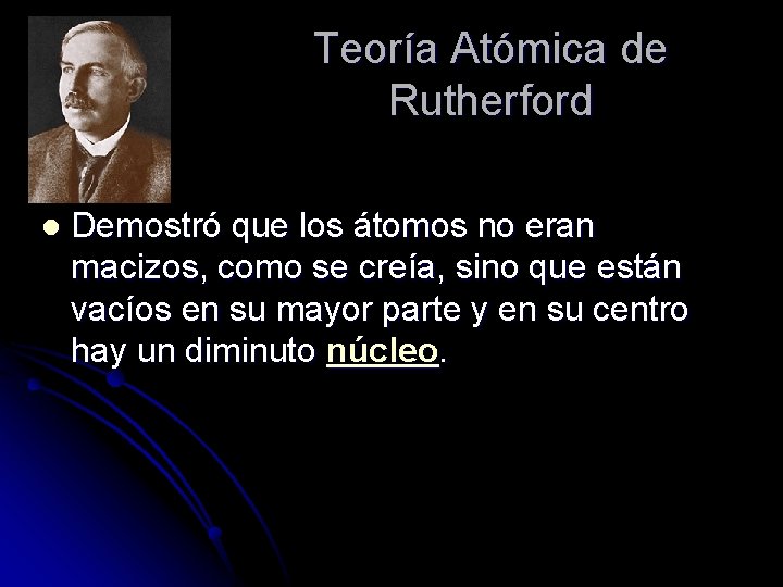 Teoría Atómica de Rutherford l Demostró que los átomos no eran macizos, como se