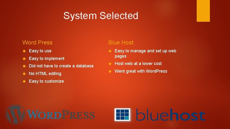 System Selected Word Press Blue Host Easy to manage and set up web pages