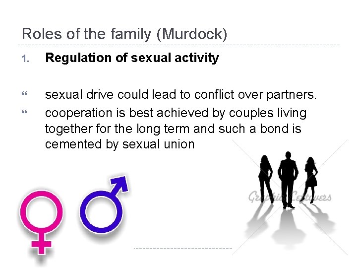 Roles of the family (Murdock) 1. Regulation of sexual activity sexual drive could lead Roles of the family (Murdock) 1. Regulation of sexual activity sexual drive could lead