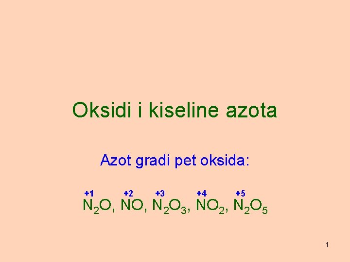 Oksidi i kiseline azota Azot gradi pet oksida: +1 +2 +3 +4 +5 N