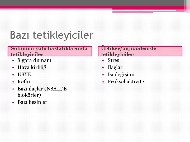 Bazı tetikleyiciler Solunum yolu hastalıklarında tetikleyiciler Ürtiker/anjioödemde tetikleyiciler • • • Sigara dumanı Hava